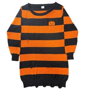 Spirit Halloween Sweater Dress Orange Black Striped Pumpkin Distressed‎ Large